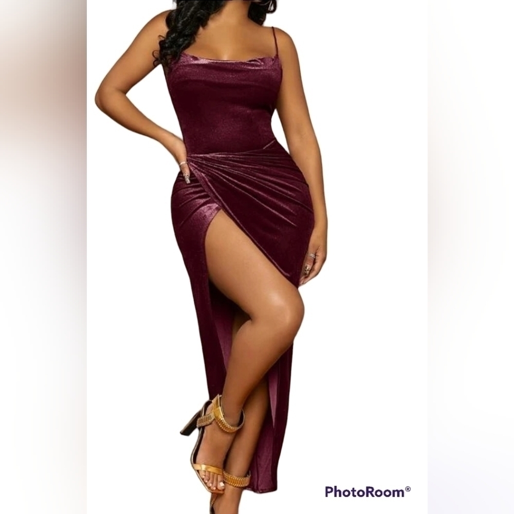 𝅺Women's Lace-Up Backless Thigh-Split Cami Dress with Draped Collar - Picture 5 of 6
